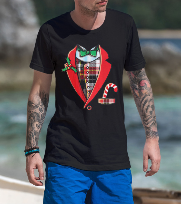 Christmas Tuxedo Plaid Suit Jacket With Green Bow Tie And Candy Cane T-Shirt