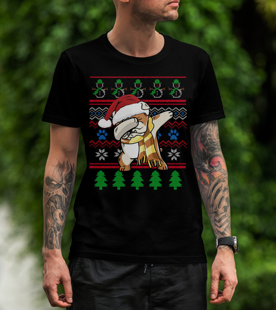 Bulldog Dabbing UglyStyle Santa Hat Christmas Trees Snowmen T-Shirt