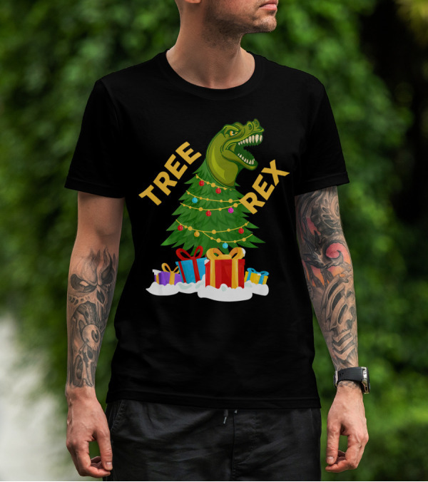 Tree Rex Christmas Dinosaur With Presents And Decorations T-Shirt