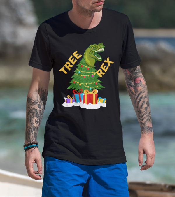 Tree Rex Christmas Dinosaur With Presents And Decorations T-Shirt