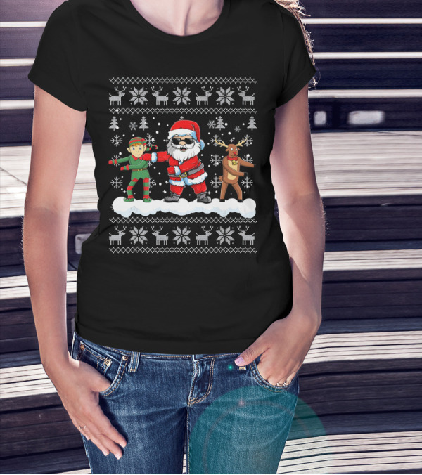 Santa Floss ChristmasSanta Elf Reindeer Dance Snowflakes T-Shirt