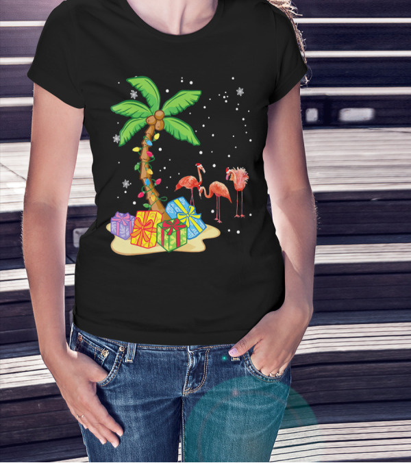 Flamingo Christmas Palm Tree Snow Presents T-Shirt