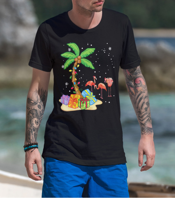 Flamingo Christmas Palm Tree Snow Presents T-Shirt