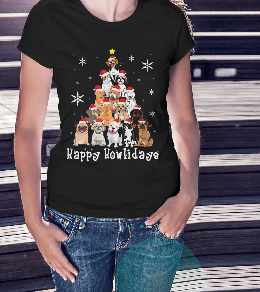 Happy Howlidays Dog Christmas Tree Santa Hat Puppies Snowflakes T-Shirt