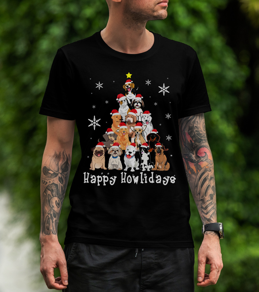 Happy Howlidays Dog Christmas Tree Santa Hat Puppies Snowflakes T-Shirt