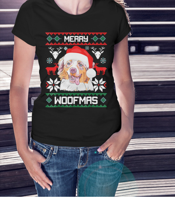 Merry Woofmas Australian Shepherd With Santa Hat And Christmas Motifs T-Shirt