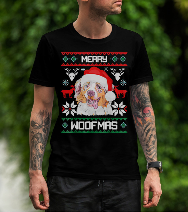 Merry Woofmas Australian Shepherd With Santa Hat And Christmas Motifs T-Shirt