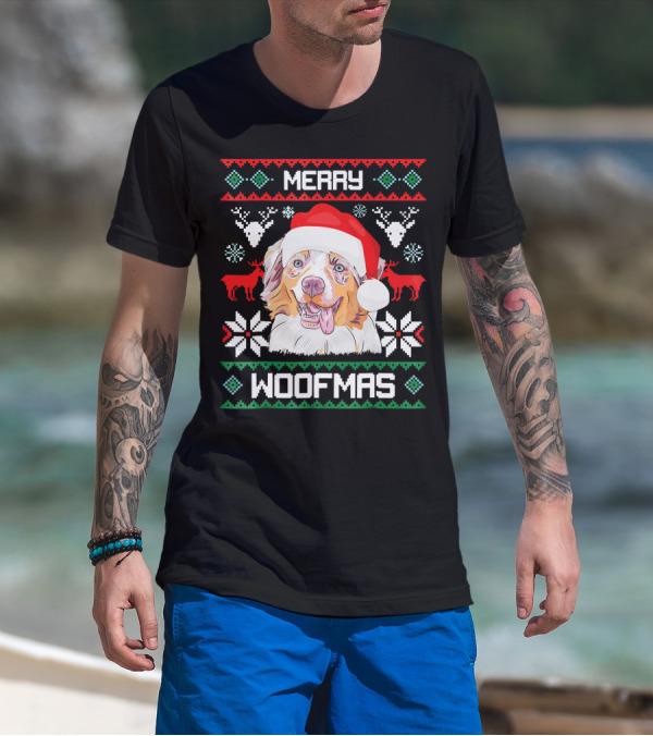 Merry Woofmas Australian Shepherd With Santa Hat And Christmas Motifs T-Shirt