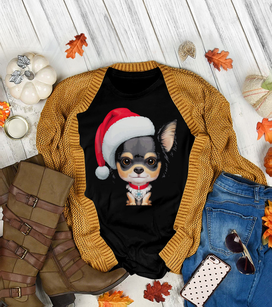 Festive Black and Tan Long Haired Chihuahua Santa Hat T-Shirt