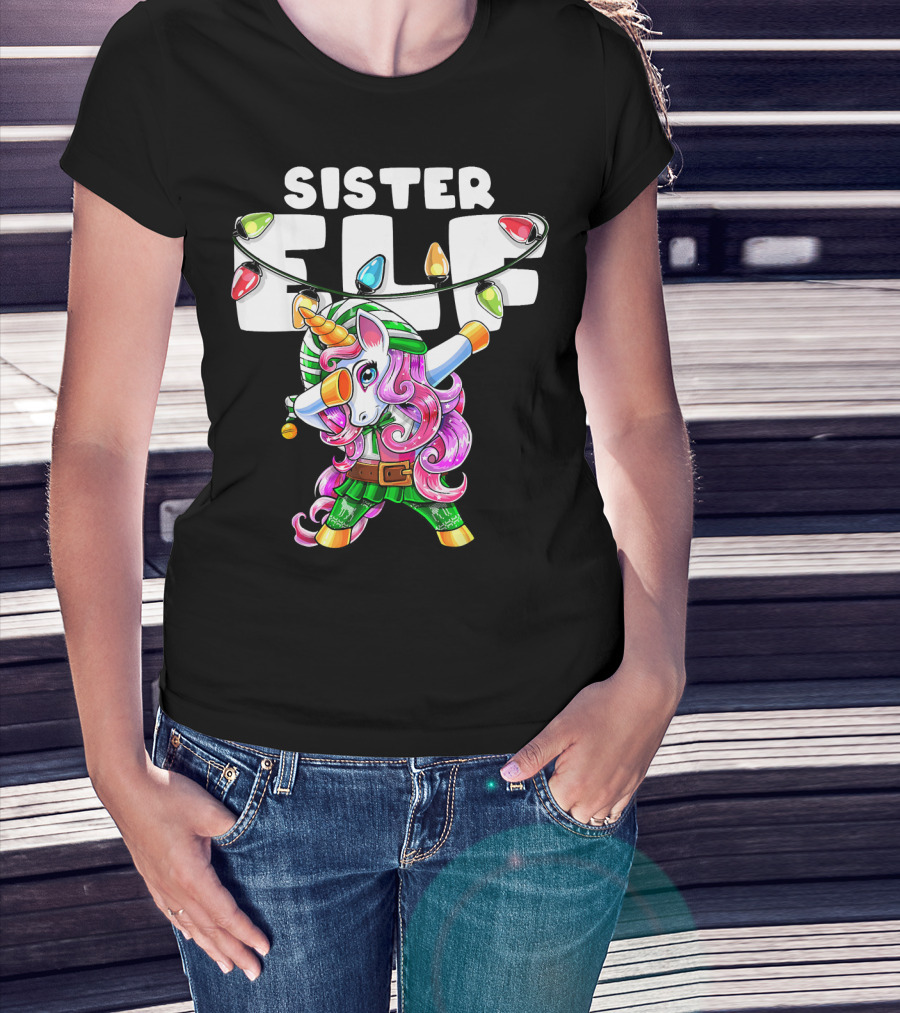 Sister Elf Christmas Dabbing Unicorn With Holiday Lights T-Shirt
