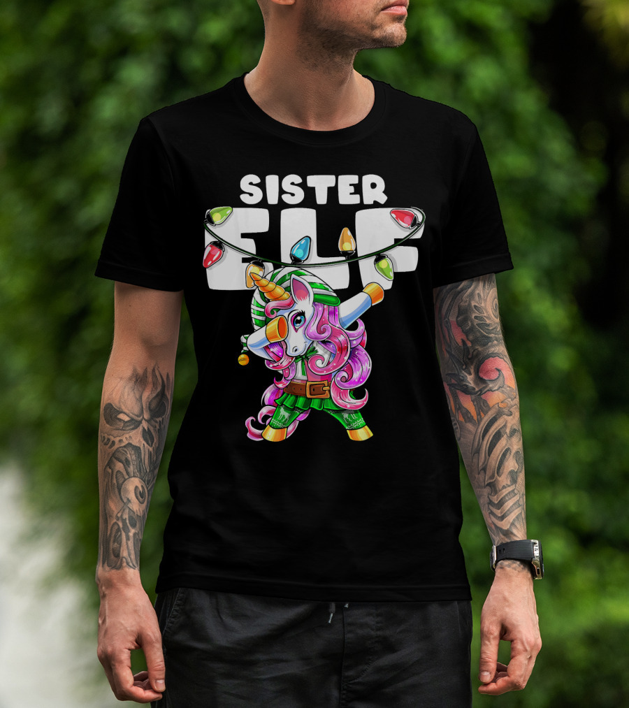 Sister Elf Christmas Dabbing Unicorn With Holiday Lights T-Shirt
