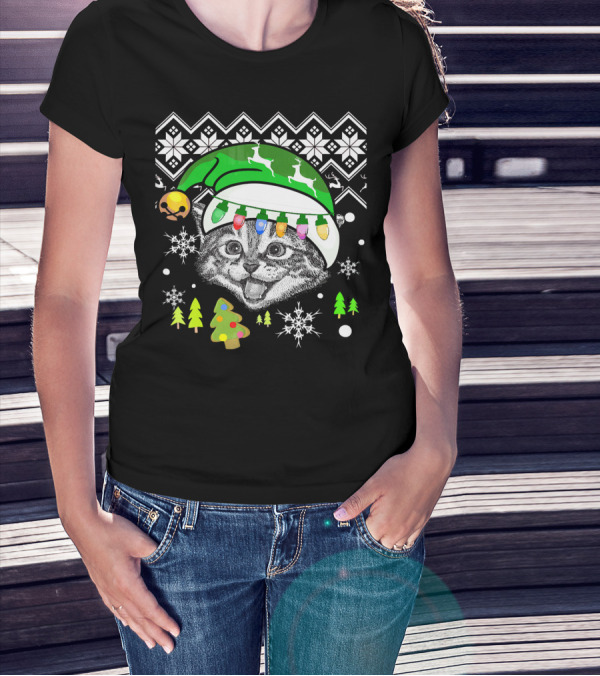 Christmas Cat Reindeer Hat Snowflakes Festive Lights T-Shirt