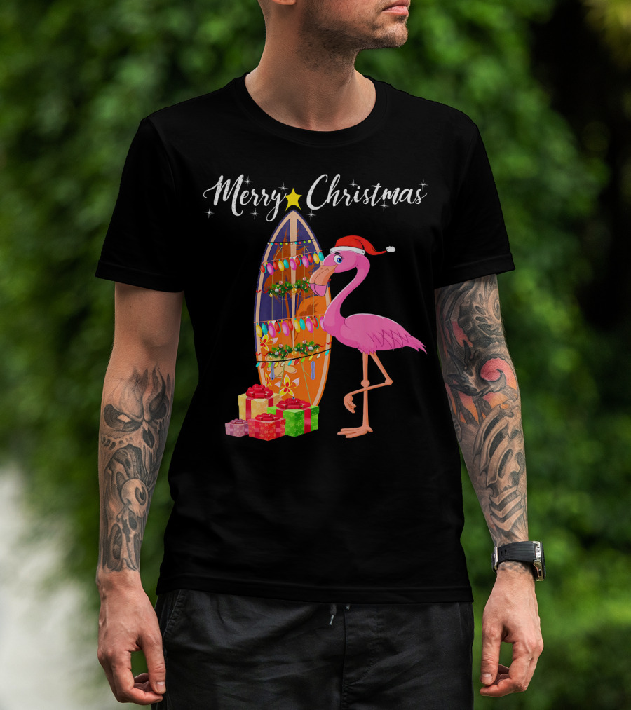 Merry Christmas Flamingo Surfboard Santa Hat Gifts T-Shirt