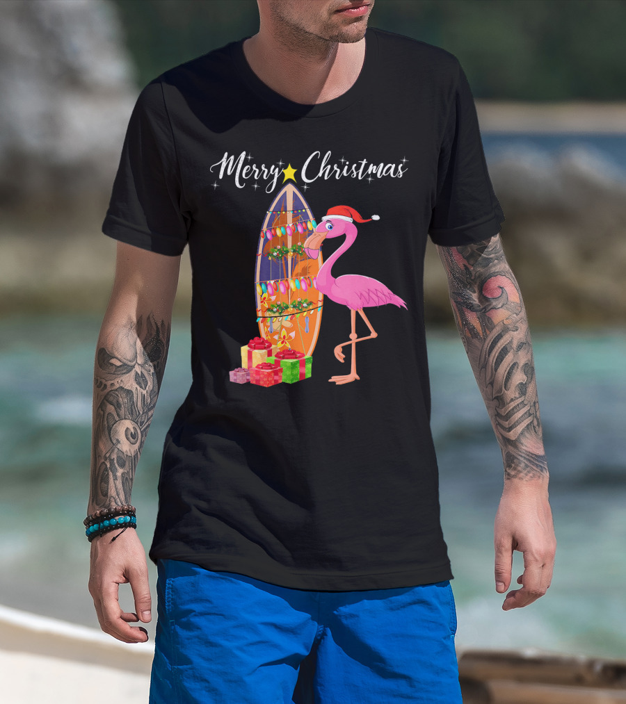 Merry Christmas Flamingo Surfboard Santa Hat Gifts T-Shirt