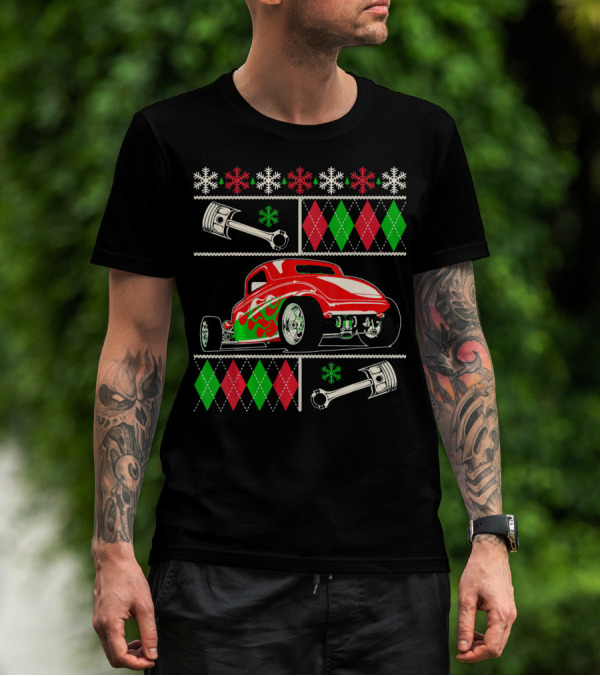 Hot Rod Christmas Ugly Sweater Red Green Car Snowflakes Argyle Pistons T-Shirt