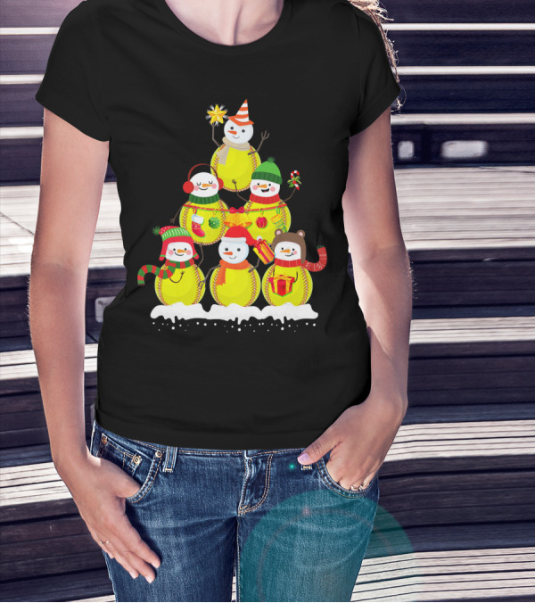 Softball Snowman Christmas Tree Holiday Scene T-Shirt