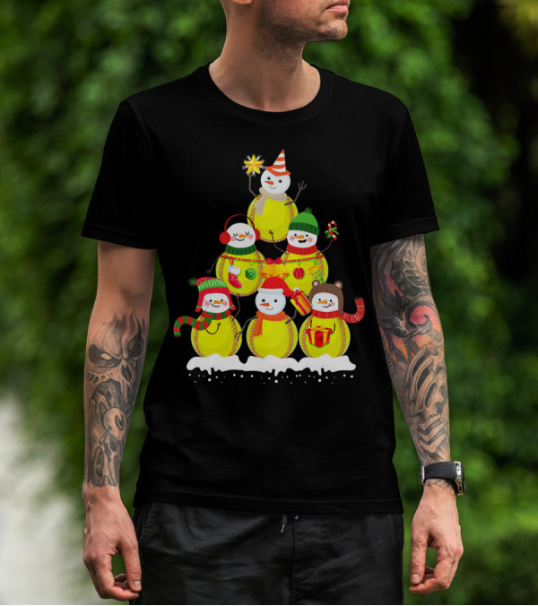 Softball Snowman Christmas Tree Holiday Scene T-Shirt