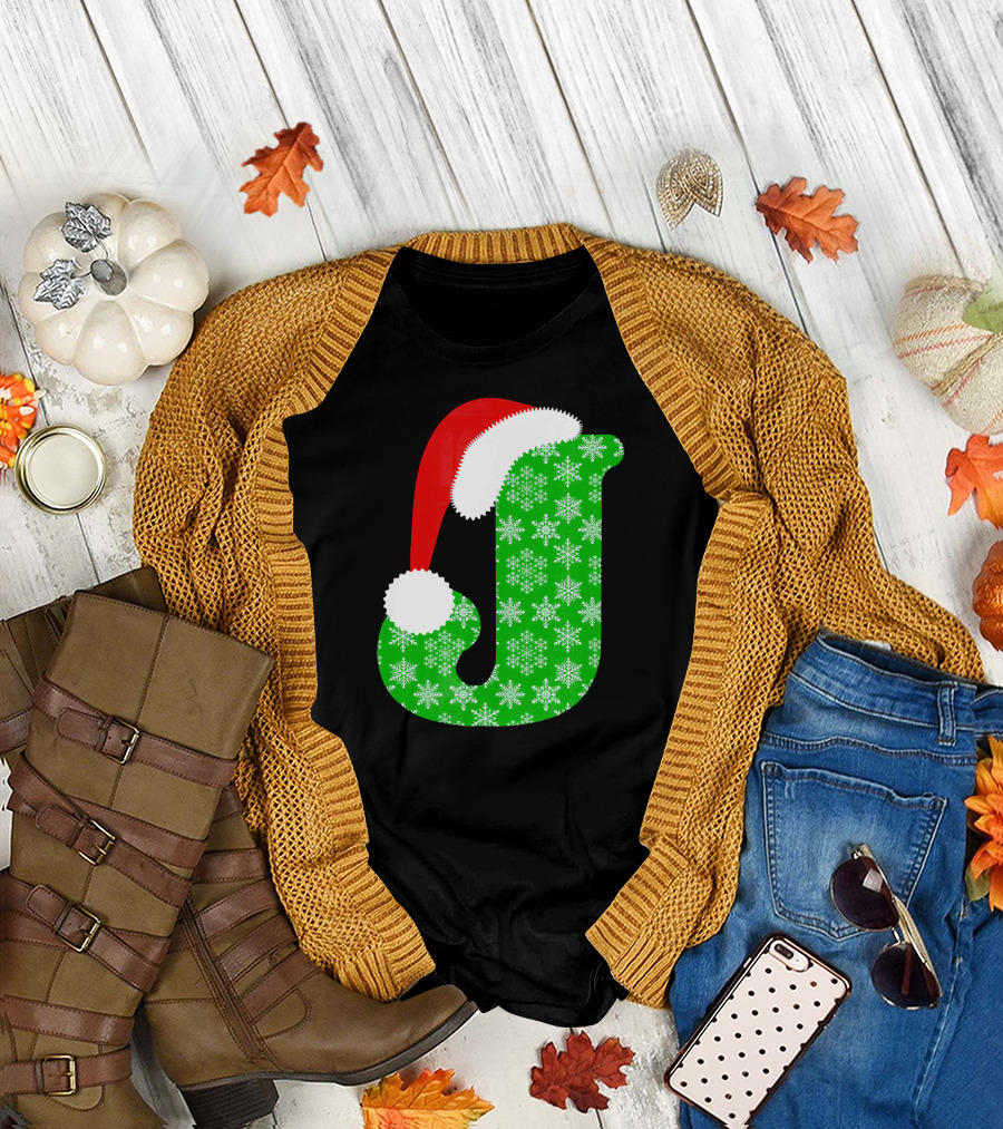 Santa Hat Green Snowflake Monogram Letter J Christmas T-Shirt