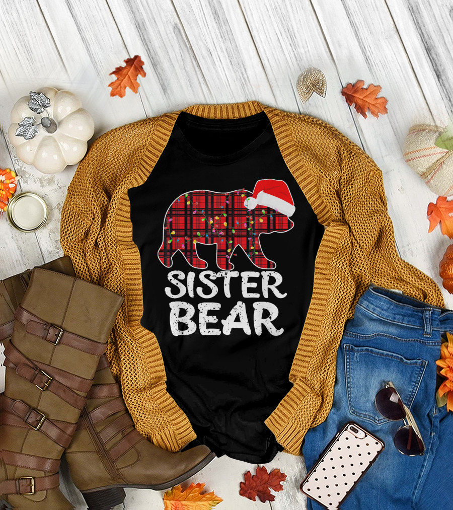 Sister Bear Red Plaid Christmas Paj with Santa Hat and Lights T-Shirt