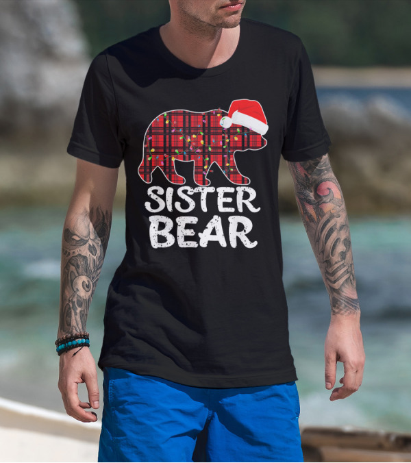 Sister Bear Red Plaid Christmas Paj With Santa Hat And Lights T-Shirt