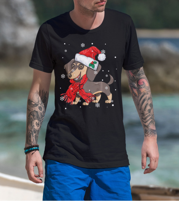 Dachshund Wearing Santa Hat And Red Scarf With Snowflakes T-Shirt