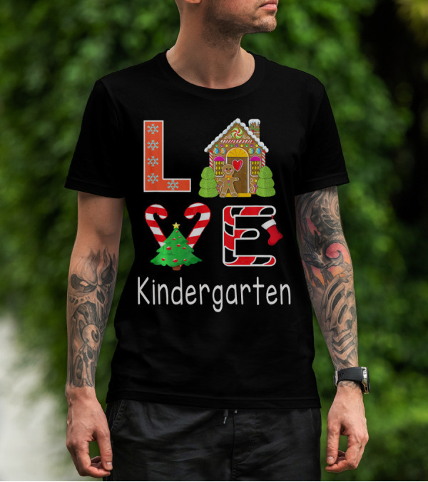Love Kindergarten Christmas Candy Cane Gingerbread House T-Shirt