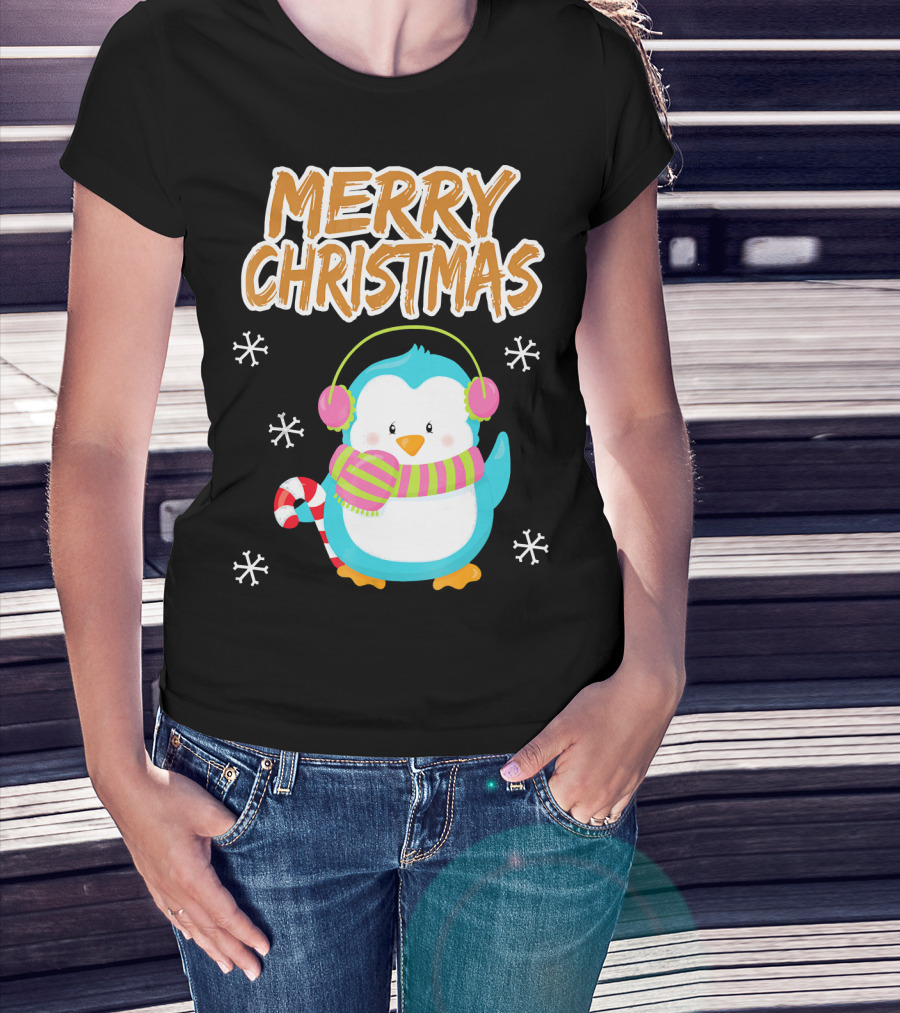 Merry Christmas Penguin With Candy Cane And Snowflakes T-Shirt