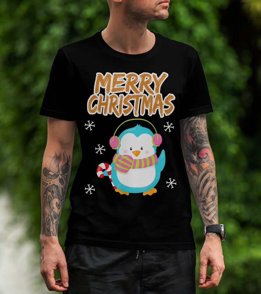 Merry Christmas Penguin With Candy Cane And Snowflakes T-Shirt