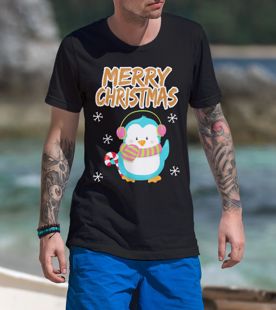 Merry Christmas Penguin With Candy Cane And Snowflakes T-Shirt
