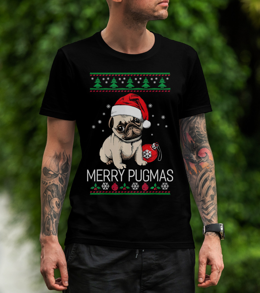 Merry Pugmas Santa Pug With Christmas Trees And Ornaments T-Shirt