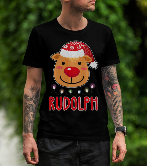 Rudolph Santa Hat Reindeer Lights Christmas T-Shirt