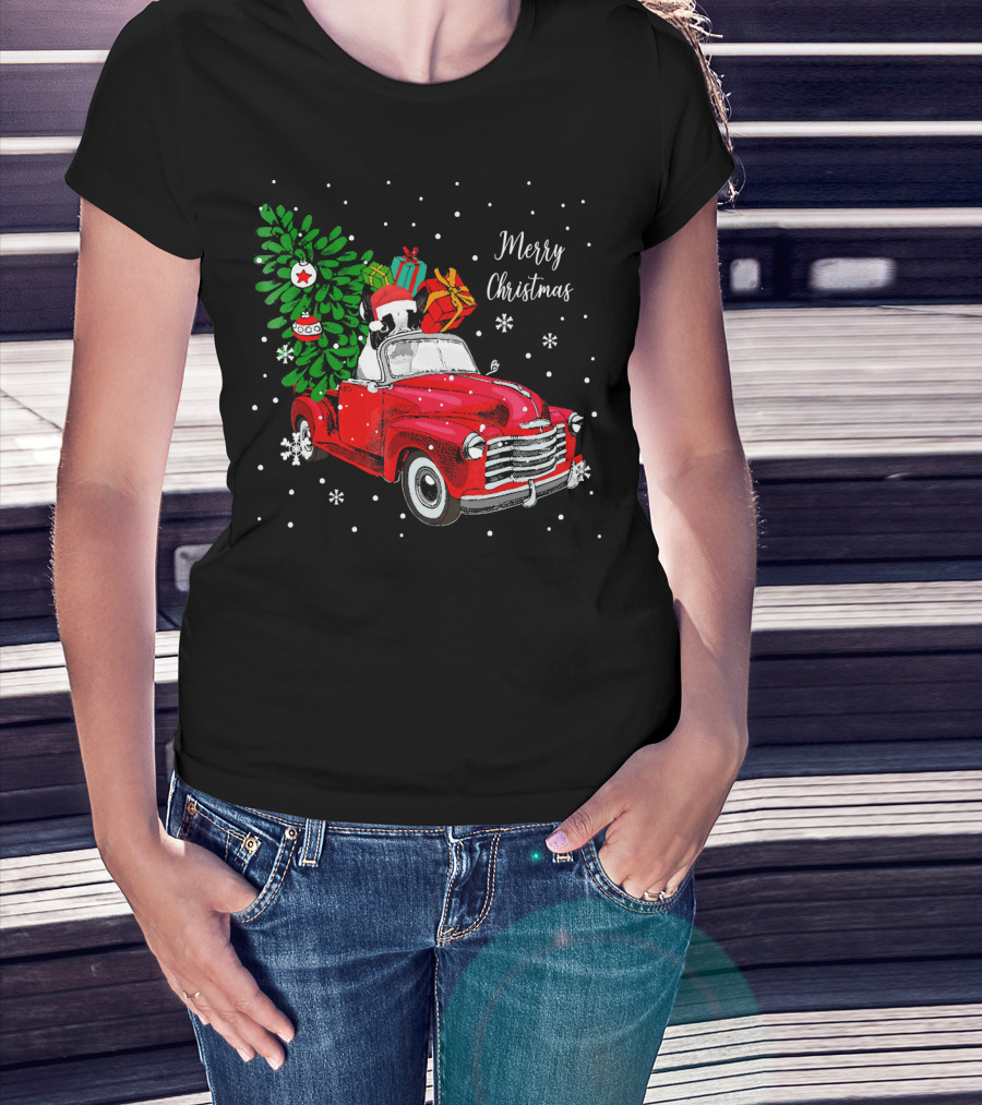 Merry Christmas Santa Boston Terrier Red Truck Snowflakes T-Shirt