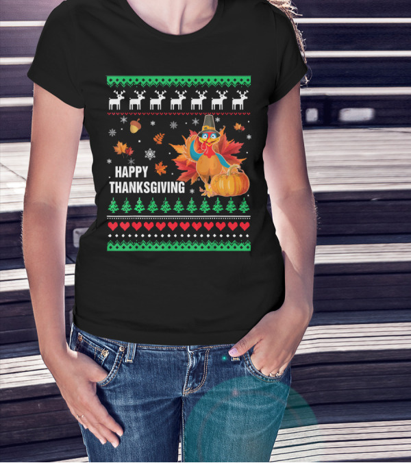 Happy Thanksgiving Turkey Pilgrim Hat Reindeer Snowflakes Pumpkins Leaves T-Shirt