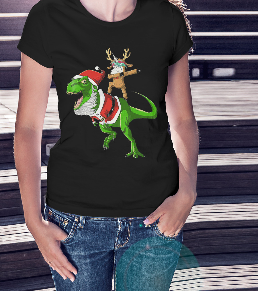 Unicorn Dabbing On Dinosaur Santa With Antlers T-Shirt