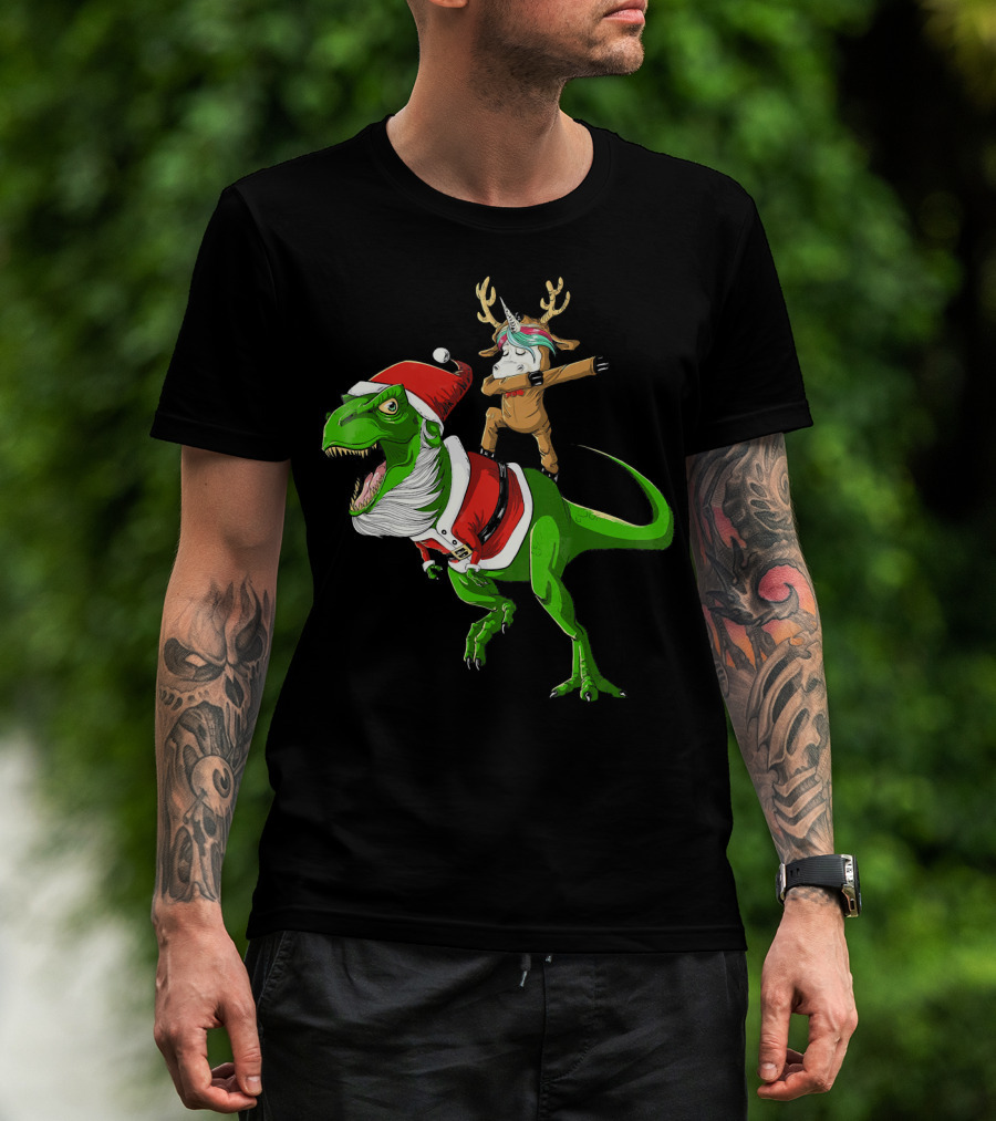Unicorn Dabbing On Dinosaur Santa With Antlers T-Shirt