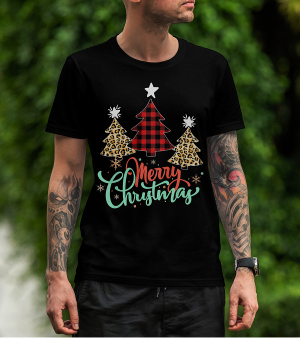 Merry Christmas Leopard Plaid Tree T-Shirt
