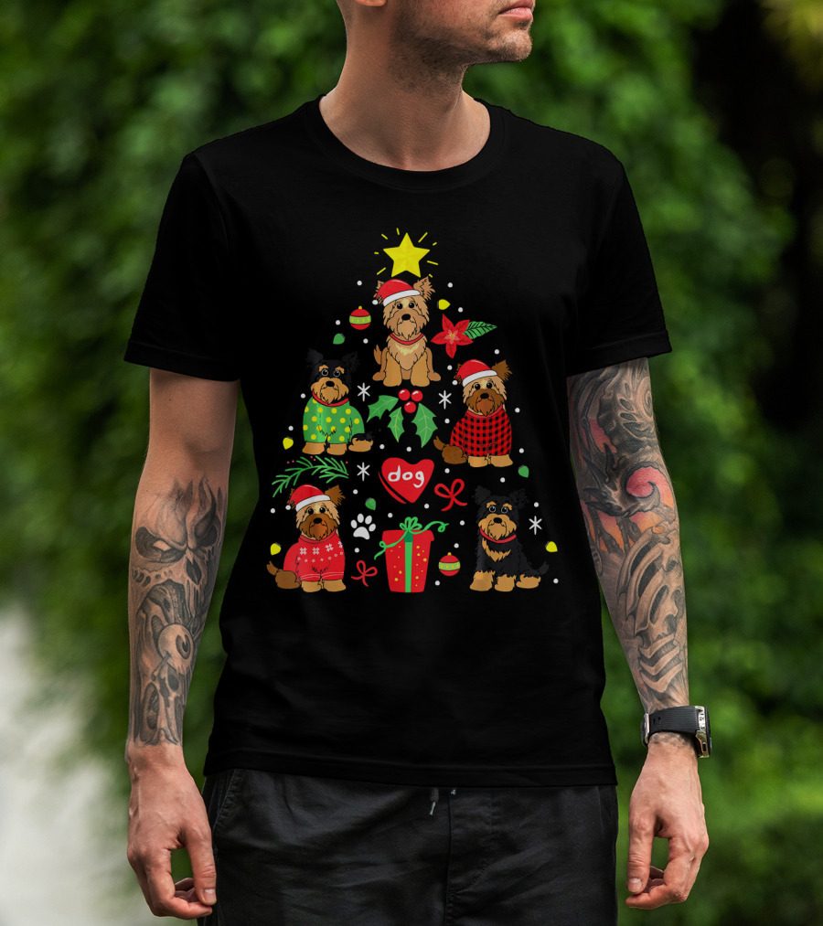 Yorkipoo Dog In Santa And Christmas Sweaters With Ornaments And Gifts T-Shirt