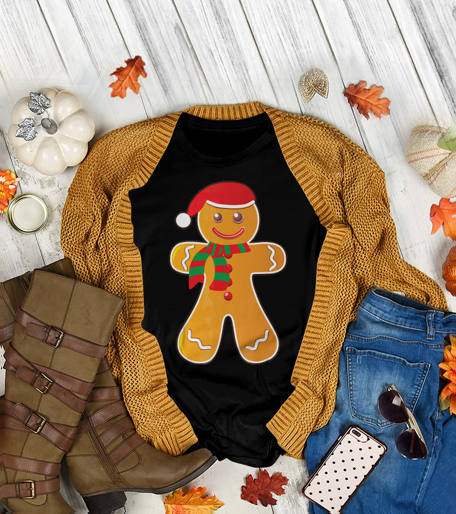 Santa Gingerbread Cookie with Christmas Hat and Scarf T-Shirt