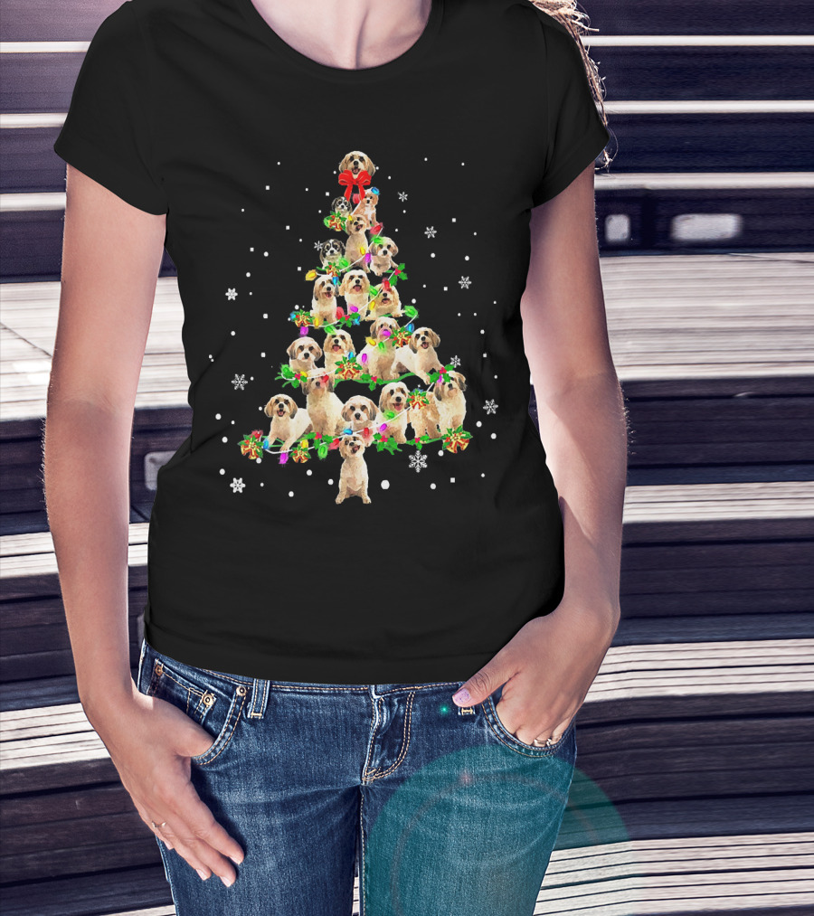 Cute Cavachon Dog Christmas Tree With Snowflakes And Bow T-Shirt