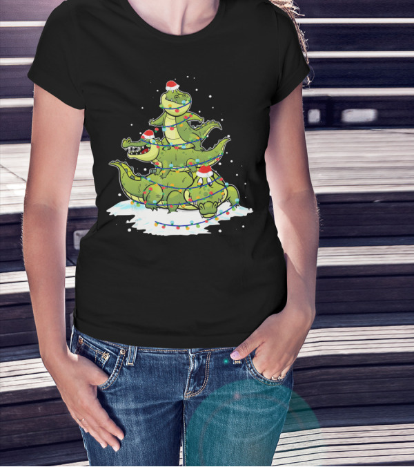 Alligator Santa Christmas Light Tree Festive Holiday Scene T-Shirt