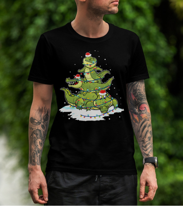 Alligator Santa Christmas Light Tree Festive Holiday Scene T-Shirt