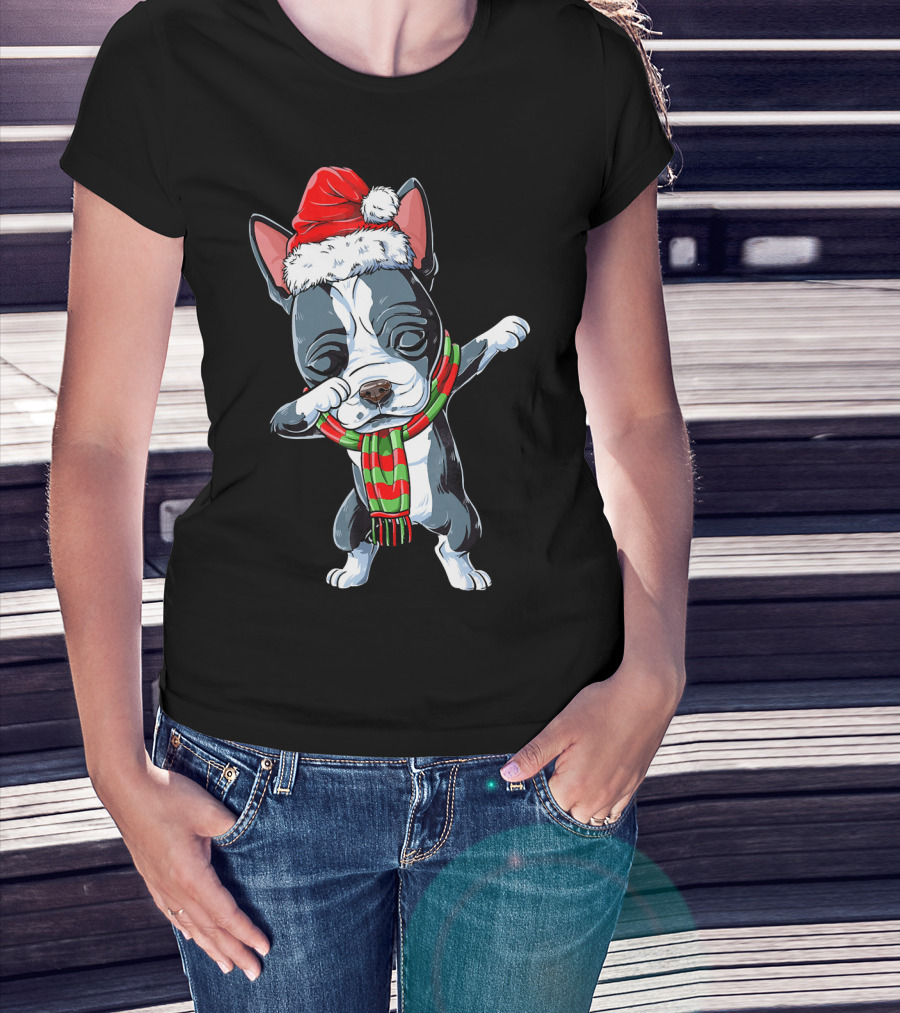 Dabbing Boston Terrier Santa Christmas Scarf Festive Dog T-Shirt