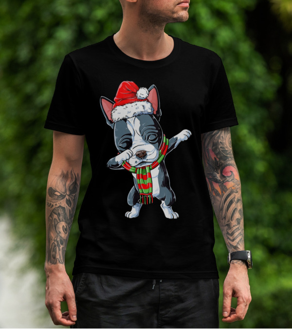 Dabbing Boston Terrier Santa Christmas Scarf Festive Dog T-Shirt