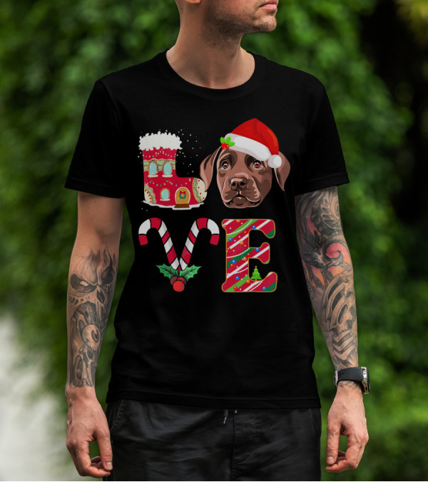 I Love My Chocolate Labrador Christmas Theme With Santa Hat And Candy Cane Decorations T-Shirt