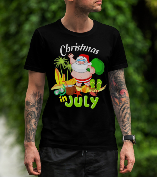 Christmas In July Santa With Surfboards, Palm Trees, Tropical Drinks, And Beach Accessories T-Shirt