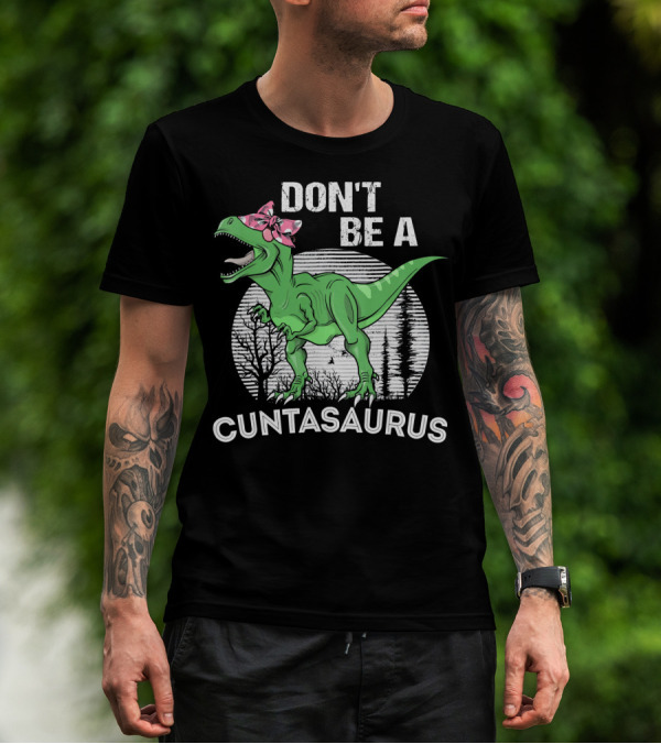 DON'T BE A CUNTASAURUS Dinosaur With Pink Bow In Moonlit Forest T-Shirt
