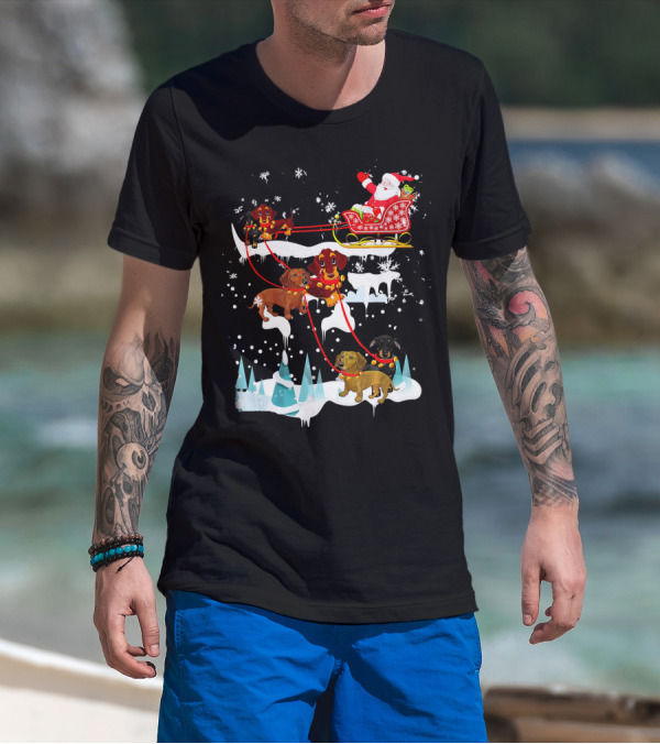 Santa Sleigh With Dachshund Reindeer Christmas Scene T-Shirt
