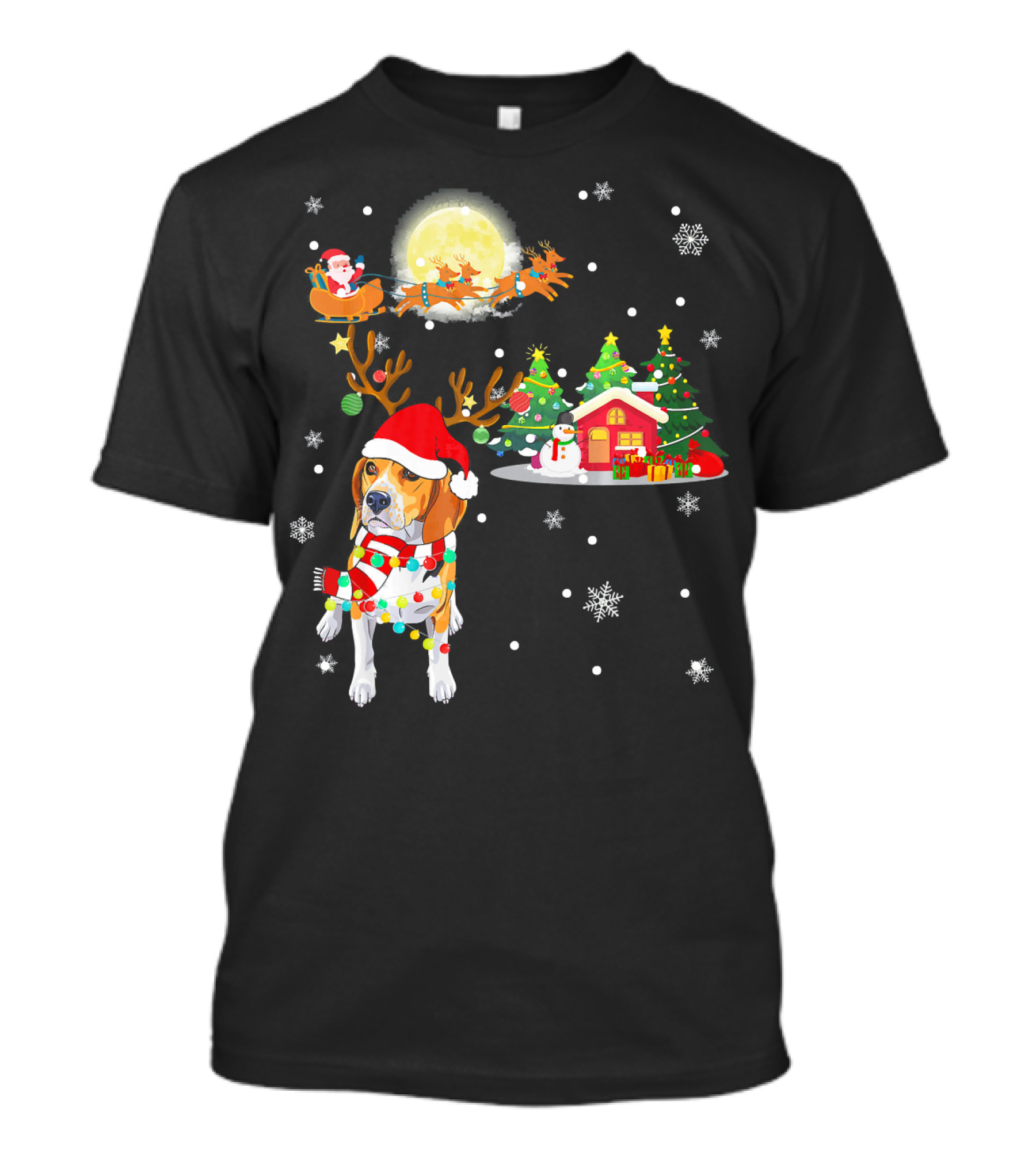 Beagle Christmas Santa Sleigh Trees Snowman Holiday Scene T-Shirt