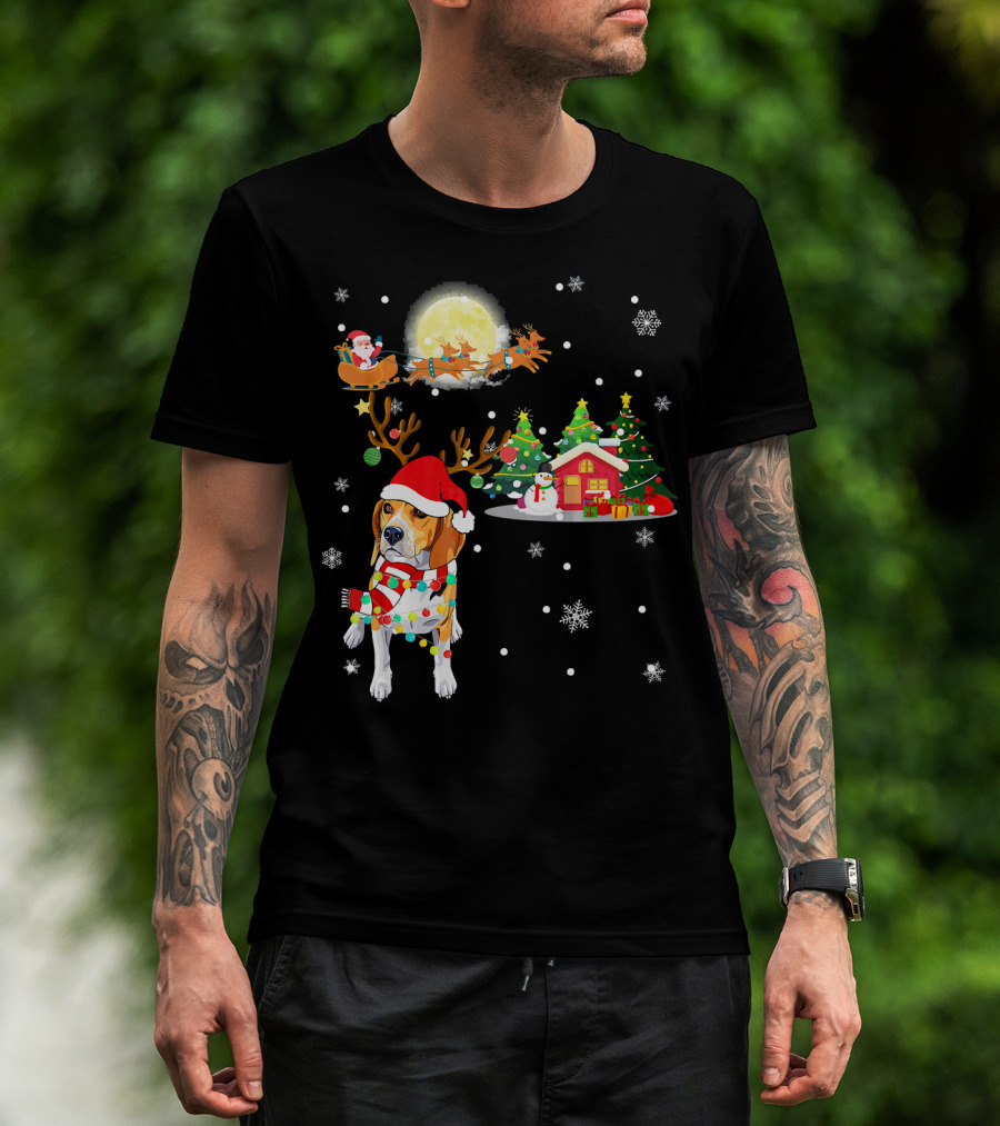 Beagle Christmas Santa Sleigh Trees Snowman Holiday Scene T-Shirt