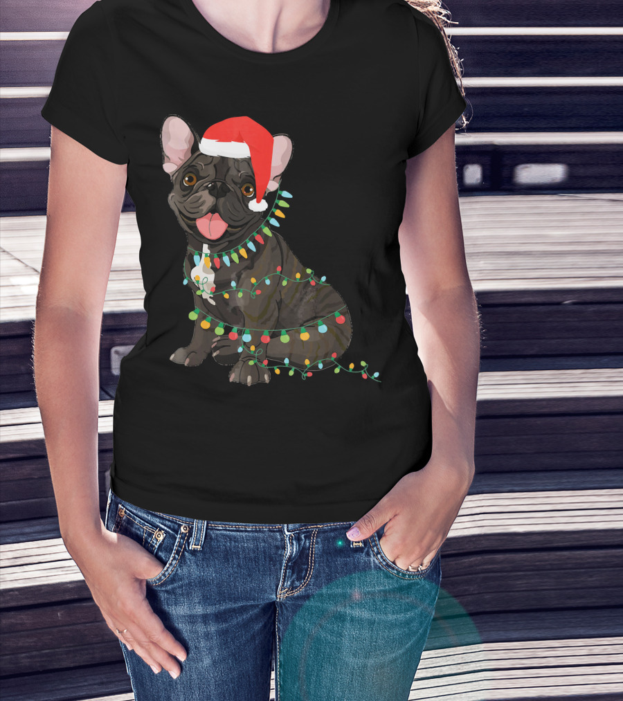 Santa French Bulldog Tangled In Christmas Lights T-Shirt